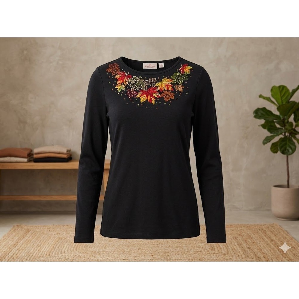 Quacker Factory Fall Leaves Embroidered Rhinestone Top Black XXS Long Sleeve